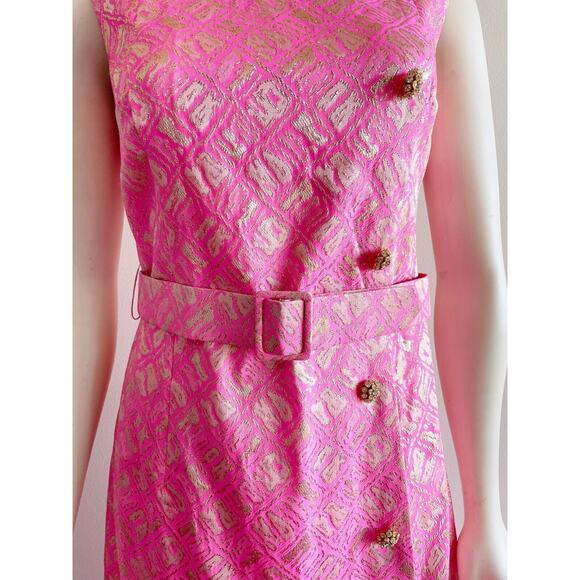 Richard Kaplan 1960s Pink Gold Metallic Thread Belted Vintage Shift Dress Sz 10 - Picture 4 of 16